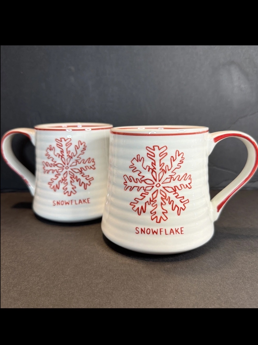 Anthropologie Molly Hatch Mug Cup Set 2 Snowflake Red White Stoneware Christmas